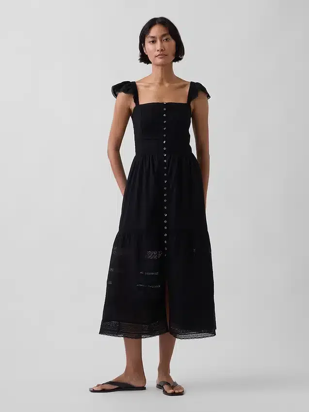 Vestido largo de voile con volantes de encaje