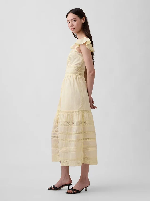 Vestido largo de voile con volantes de encaje