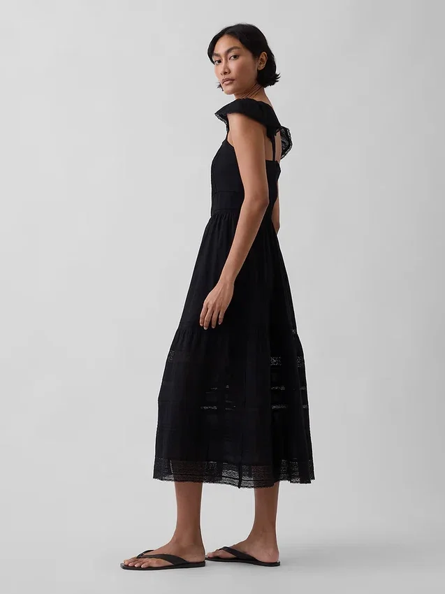 Vestido largo de voile con volantes de encaje