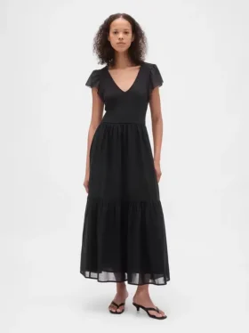 Vestido largo moderno con volantes de mezcla de telas