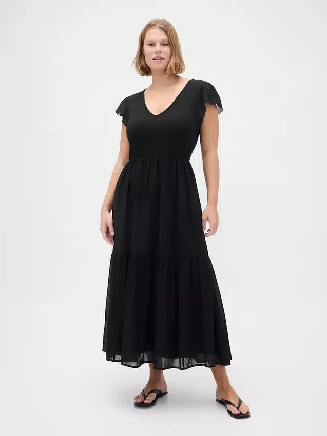 Vestido largo moderno con volantes de mezcla de telas