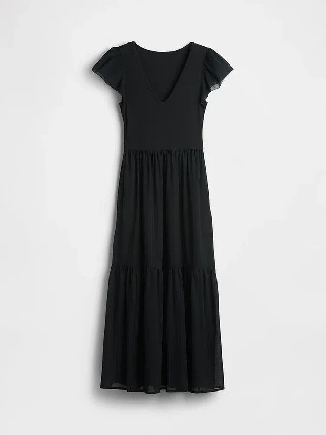 Vestido largo moderno con volantes de mezcla de telas