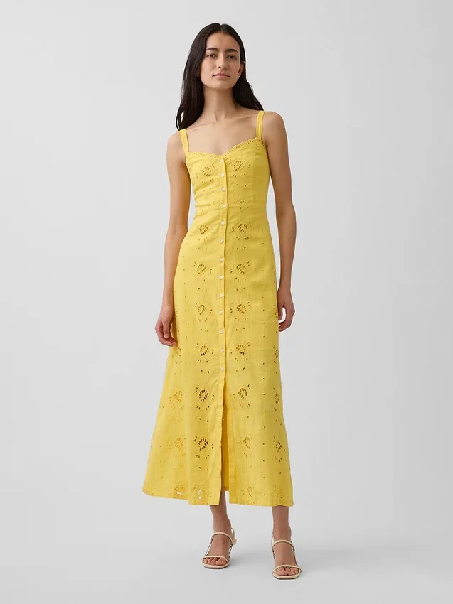 Vestido largo tipo camisola bordado de mezcla de lino