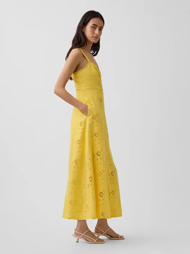 Vestido largo tipo camisola bordado de mezcla de lino