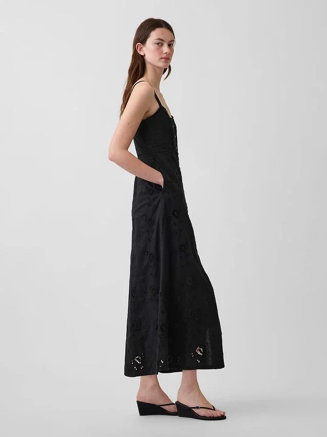 Vestido largo tipo camisola bordado de mezcla de lino