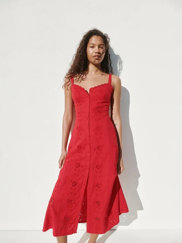 Vestido largo tipo camisola bordado de mezcla de lino