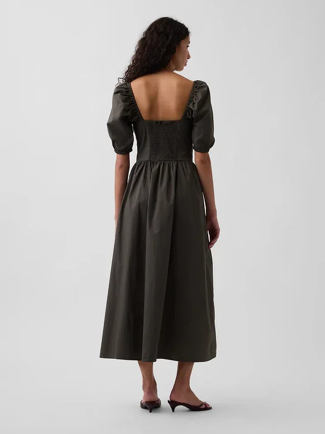Vestido largo tipo corsé con mangas abullonadas