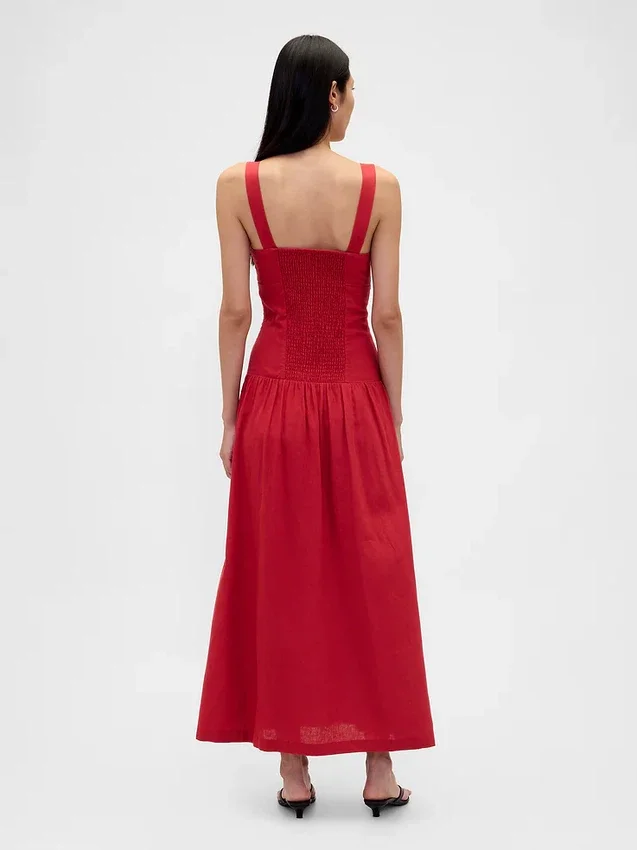 Vestido largo tipo corsé de cintura baja en mezcla de lino