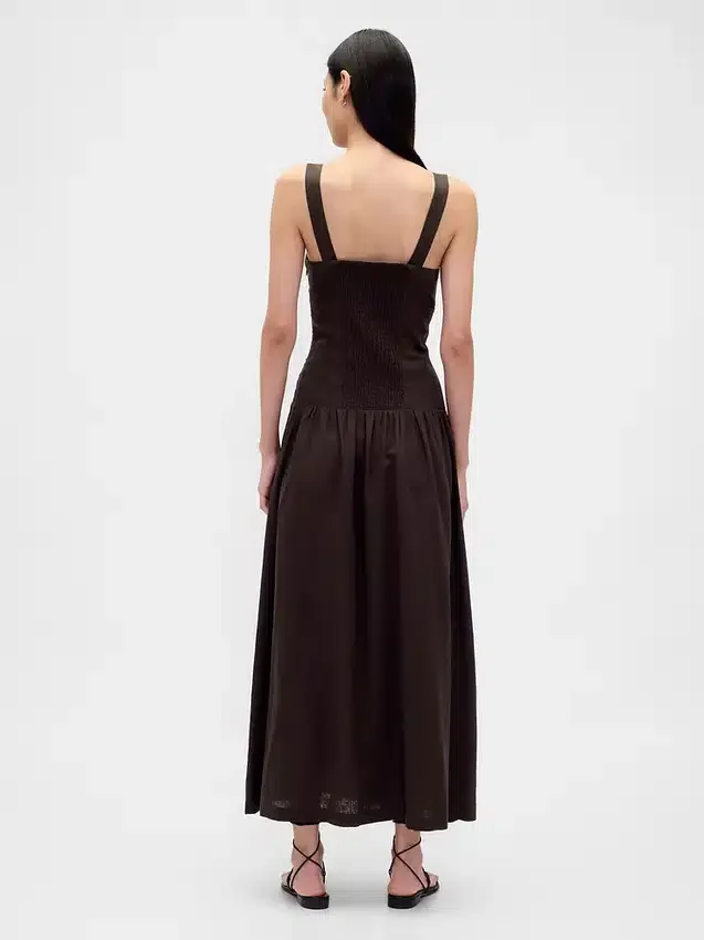 Vestido largo tipo corsé de cintura baja en mezcla de lino