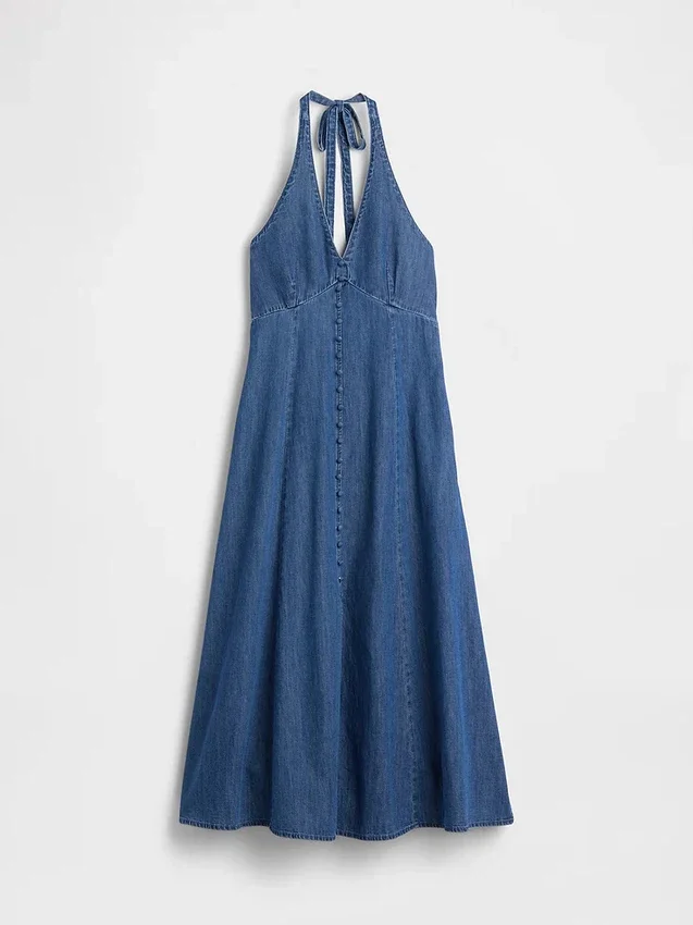 Vestido largo tipo halter de mezclilla con costuras
