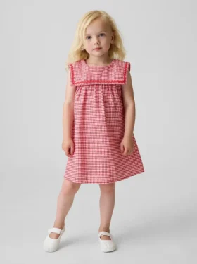 Vestido marinero de lino y algodón con estampado de cuadros vichy para bebés y niños pequeños