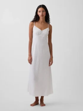 Vestido midi bordado de mezcla de lino