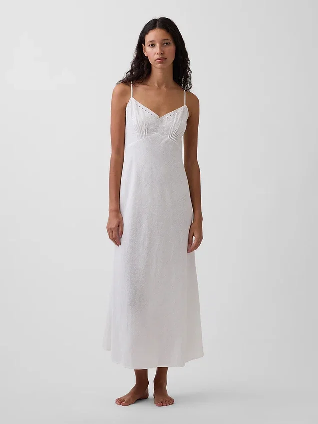 Vestido midi bordado de mezcla de lino