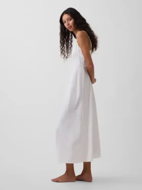 Vestido midi bordado de mezcla de lino