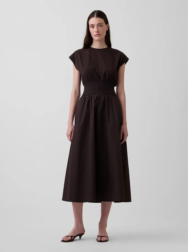 Vestido midi de cintura baja en mezcla de telas