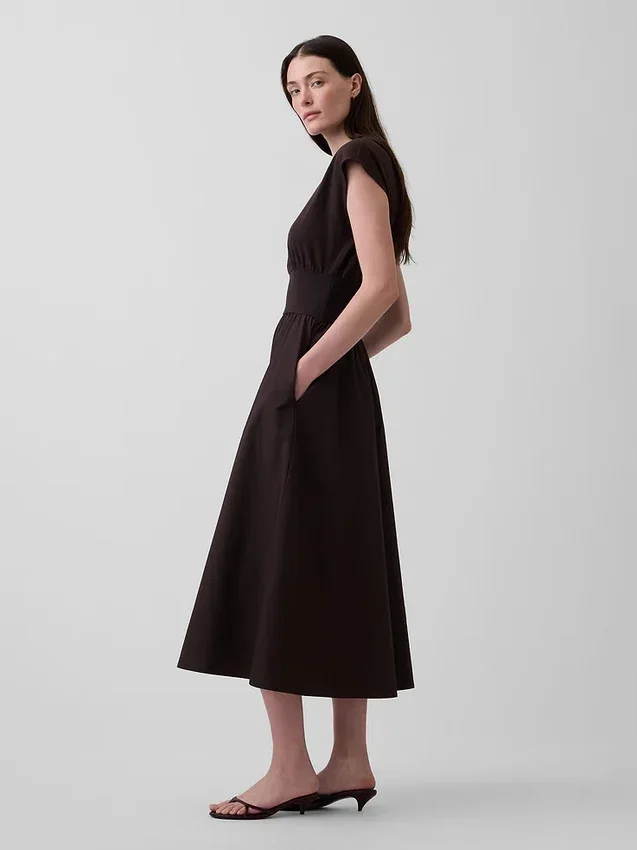 Vestido midi de cintura baja en mezcla de telas