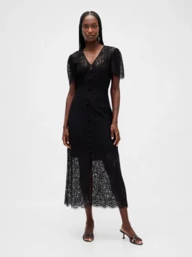 Vestido midi de encaje con cuello en V