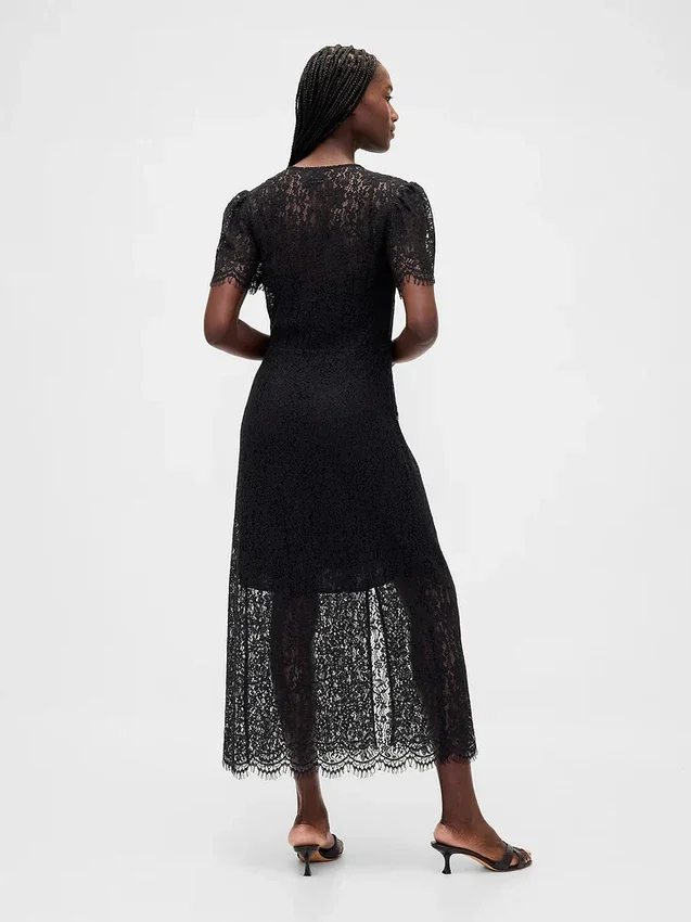 Vestido midi de encaje con cuello en V