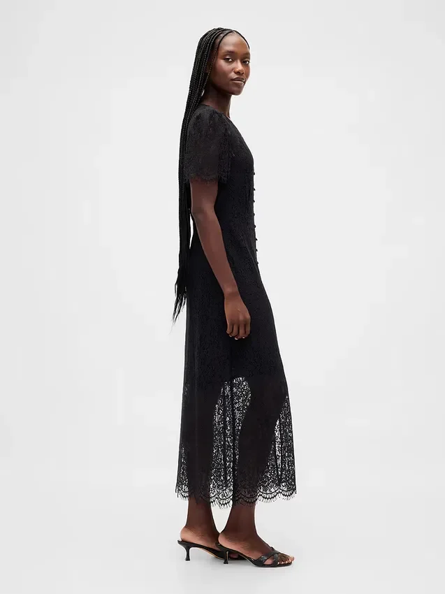 Vestido midi de encaje con cuello en V