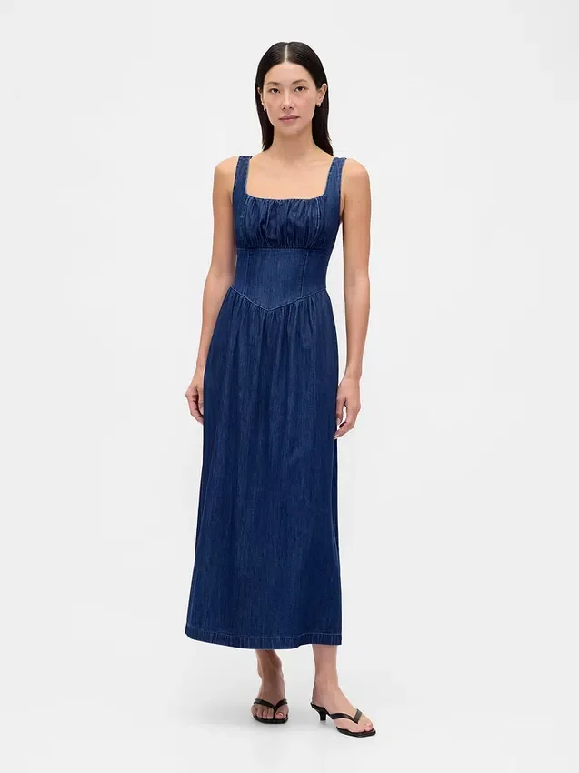 Vestido midi de mezclilla con cintura baja tipo corsé