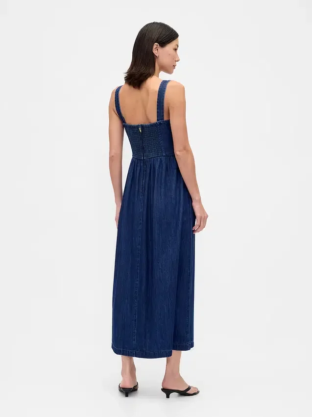 Vestido midi de mezclilla con cintura baja tipo corsé