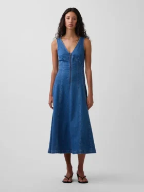 Vestido midi de mezclilla con costuras y cierre de cremallera frontal