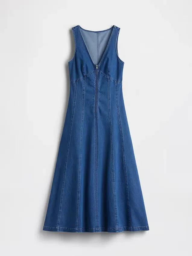 Vestido midi de mezclilla con costuras y cierre de cremallera frontal