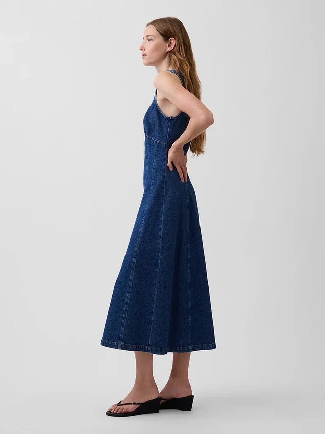 Vestido midi de mezclilla con costuras y cremallera frontal
