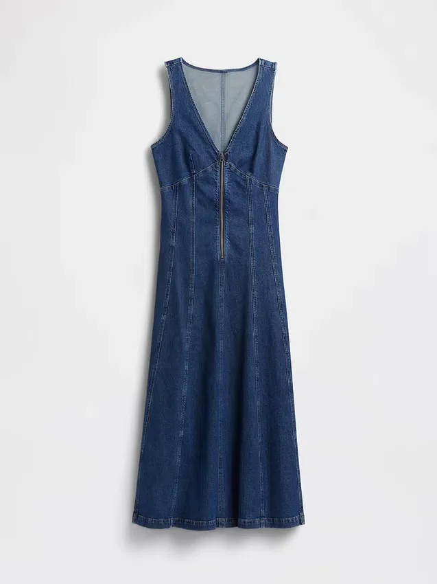 Vestido midi de mezclilla con costuras y cremallera frontal