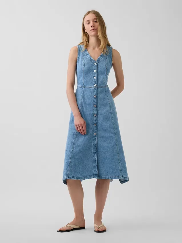Vestido midi de mezclilla con dobladillo en forma de pañuelo