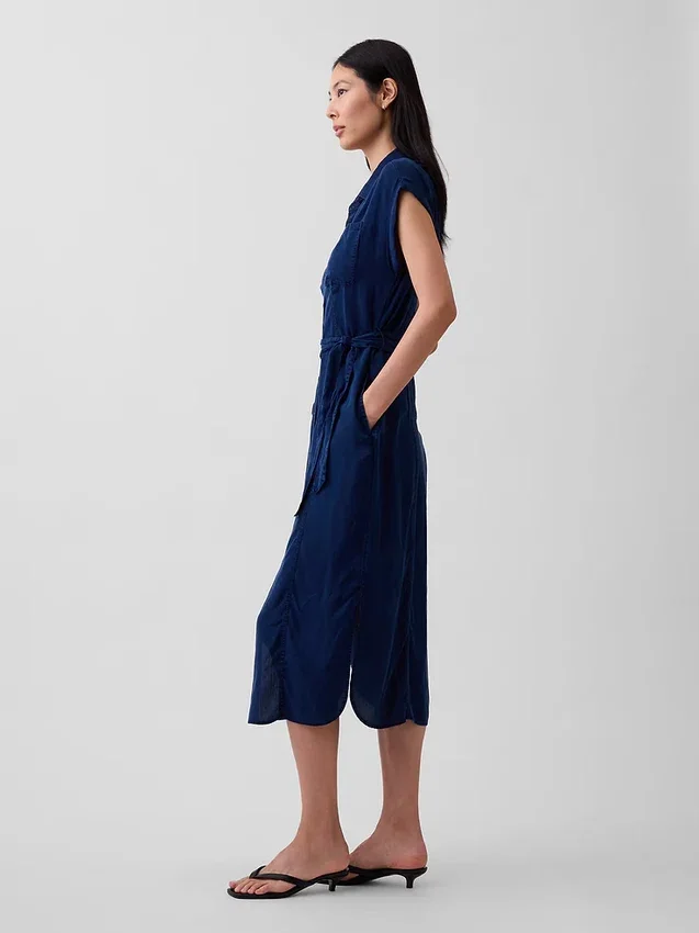 Vestido midi utilitario de mezclilla con cinturón para atar
