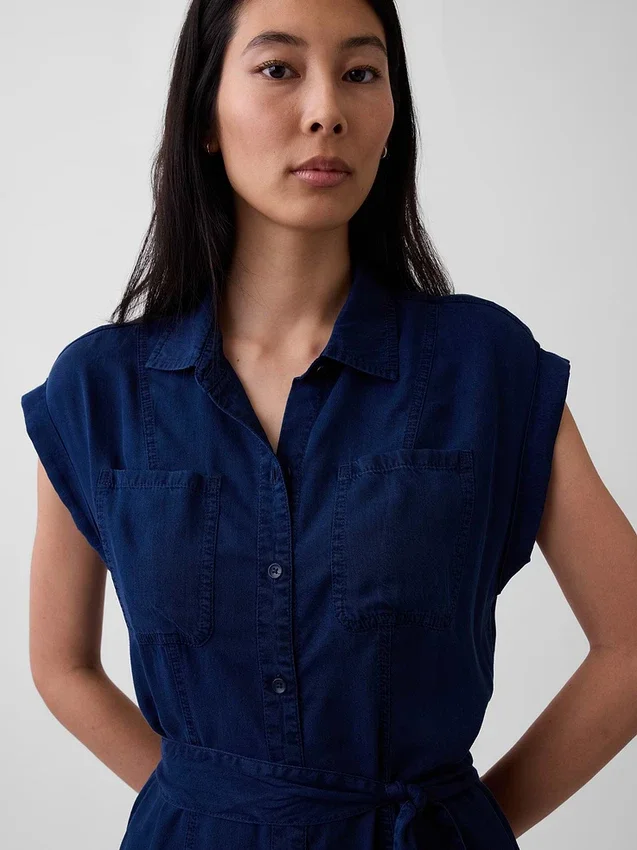 Vestido midi utilitario de mezclilla con cinturón para atar