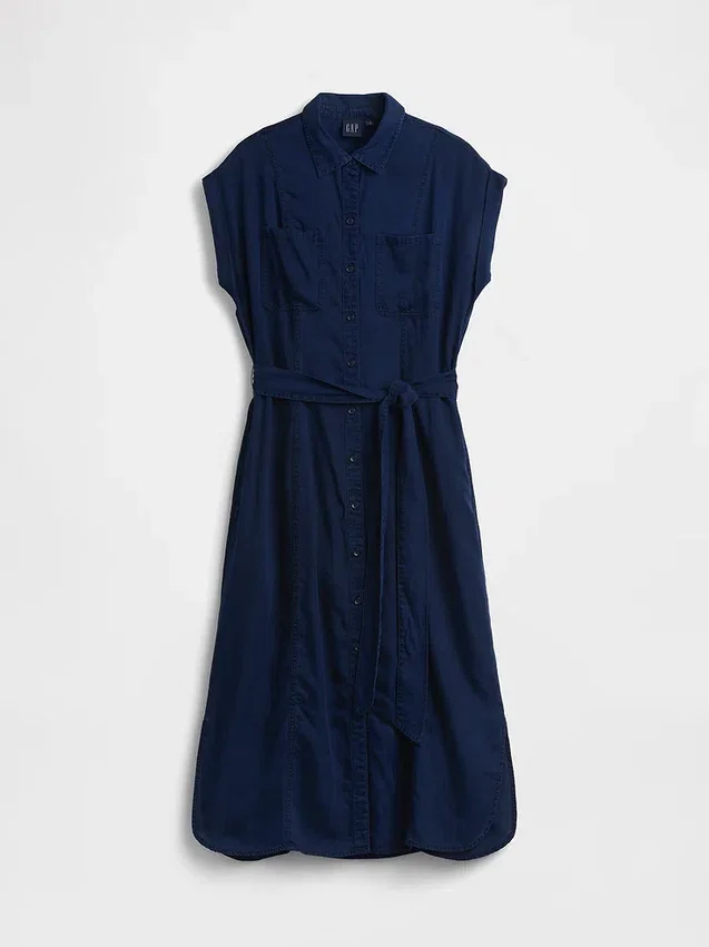 Vestido midi utilitario de mezclilla con cinturón para atar