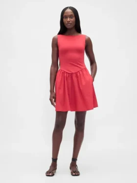 Vestido mini de cintura baja en mezcla de telas