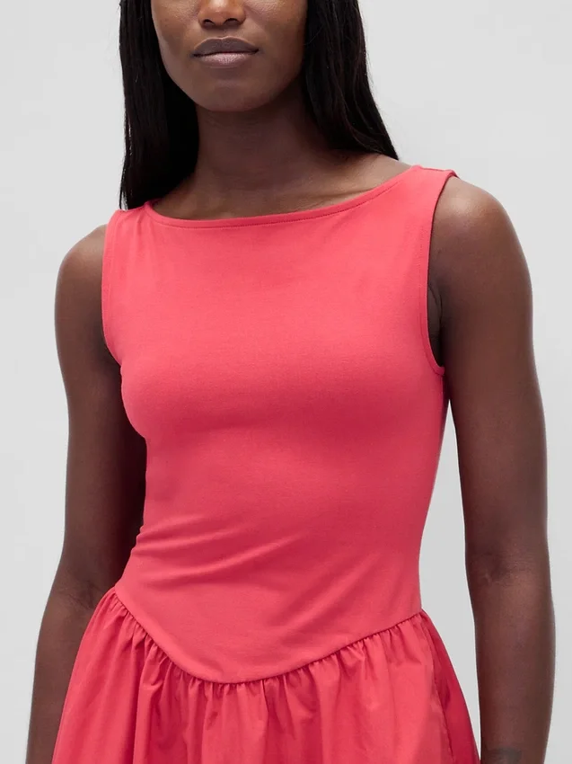 Vestido mini de cintura baja en mezcla de telas