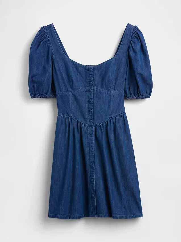 Vestido mini de mezclilla con mangas abullonadas y escote de corazón