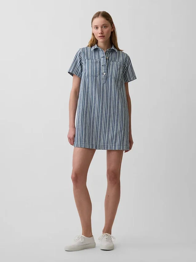 Vestido mini tipo popover de mezclilla a rayas
