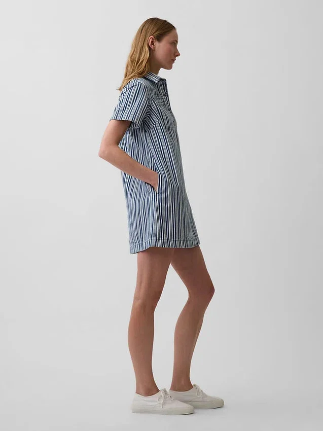 Vestido mini tipo popover de mezclilla a rayas