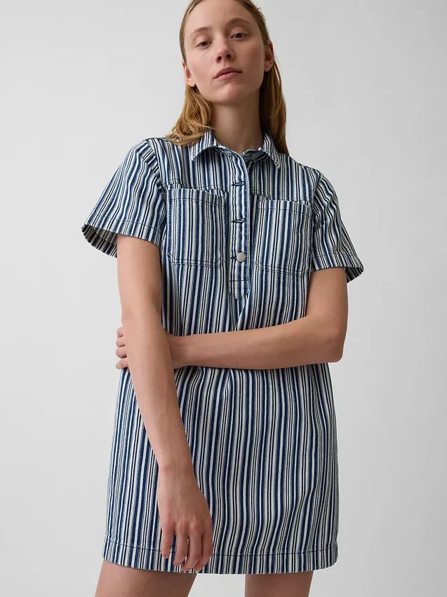 Vestido mini tipo popover de mezclilla a rayas